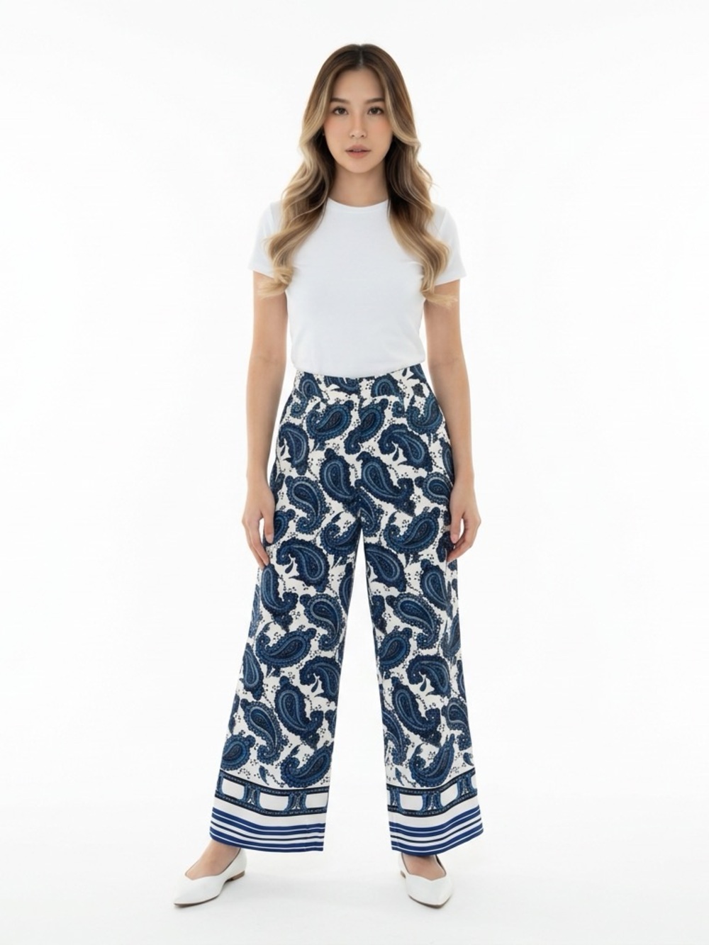 Express White Pants with Blue Paisley Print